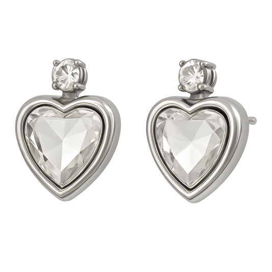 Heart-Shaped Crystal Stud Earrings – Silver Tone Everyday Wear Jewelry for Women