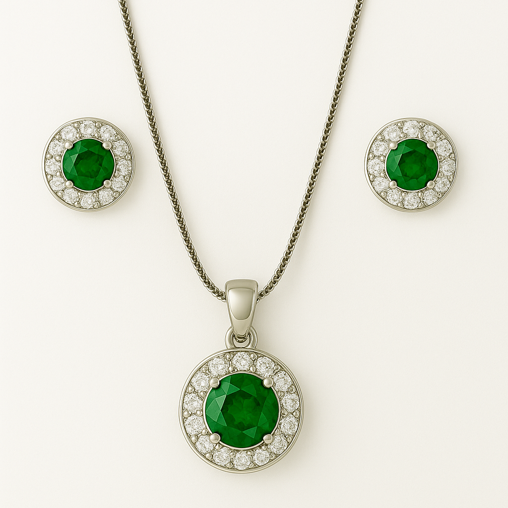 Jewelry set with green gemstone pendant and earrings on a white background