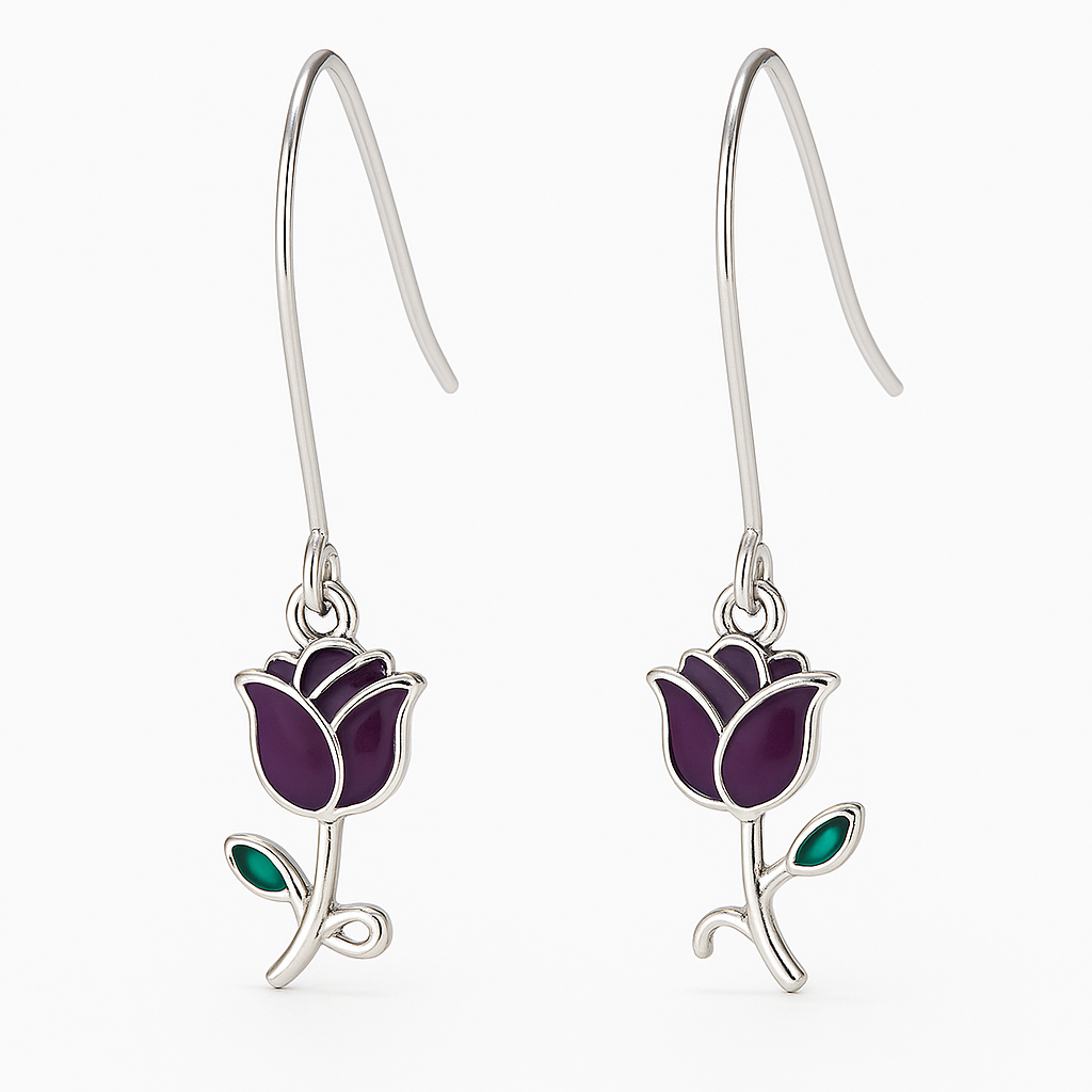 Purple Rose Drop Earrings – Long Silver Floral Dangle Earrings for Women & Girls