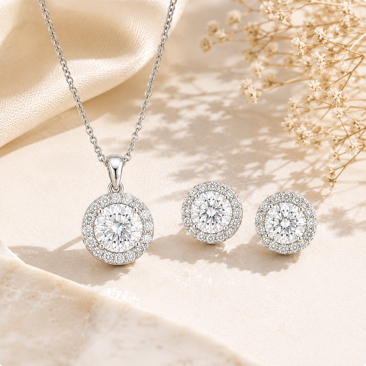 Sterling Silver Halo Pendant & Stud Earrings Set