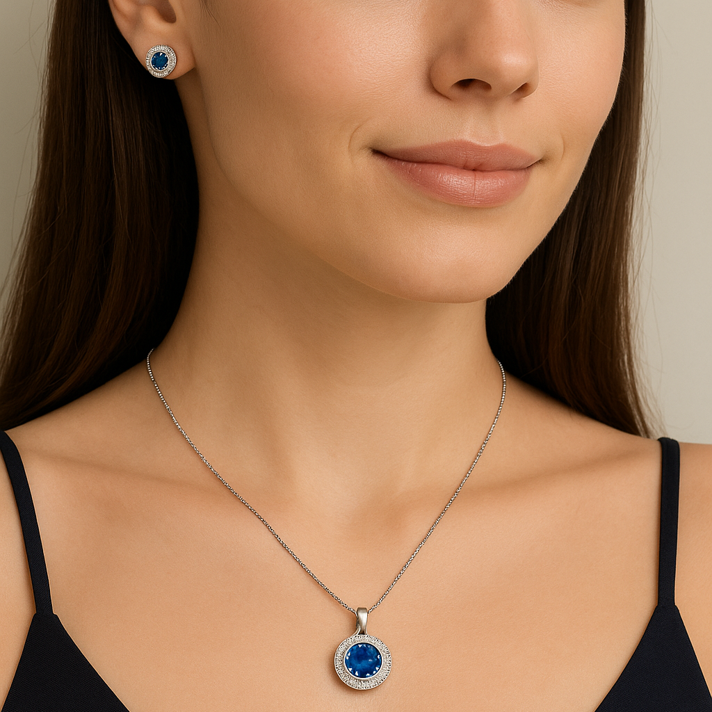 Woman wearing a silver necklace with a blue pendant and matching earrings.