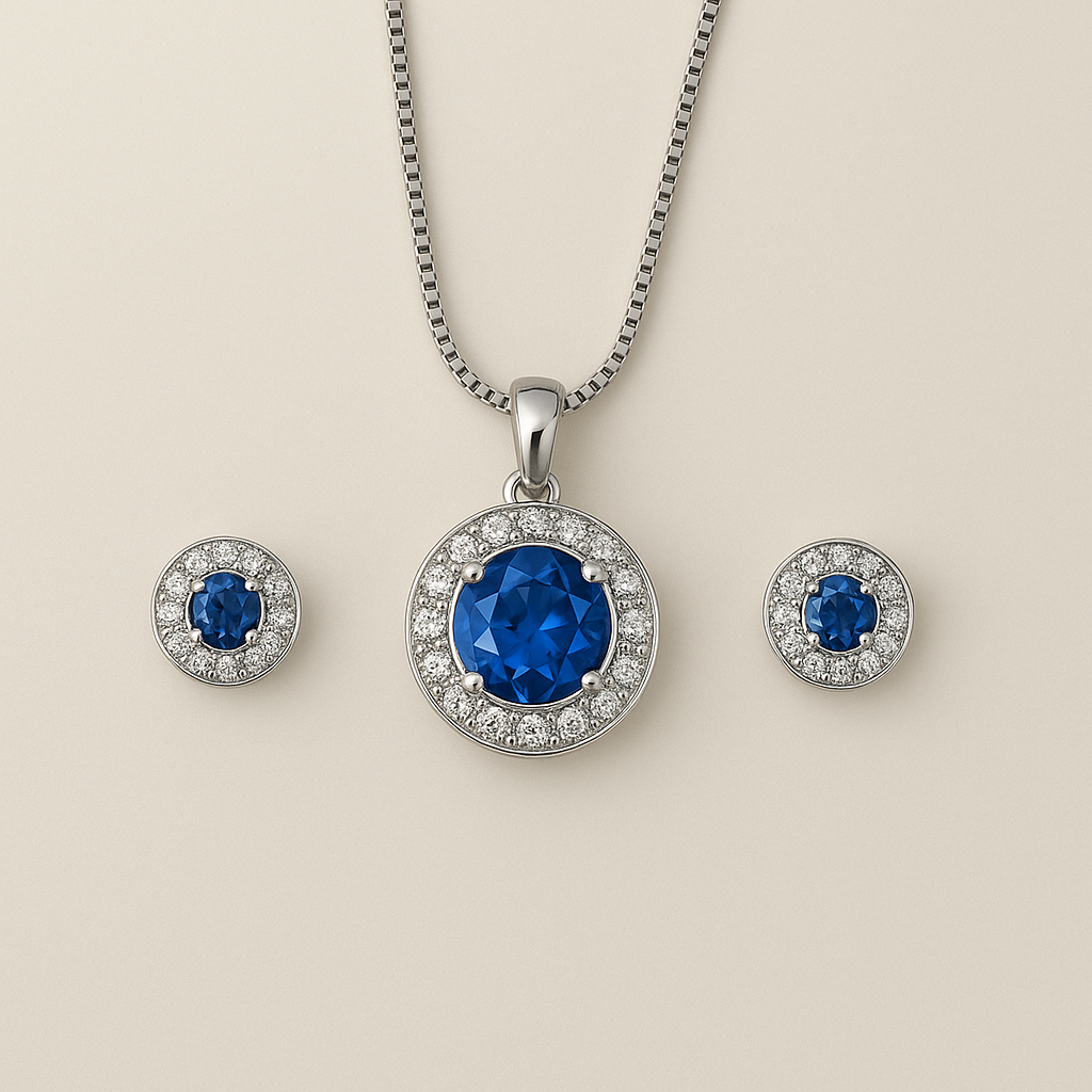Silver jewelry set with blue gemstones on a light background