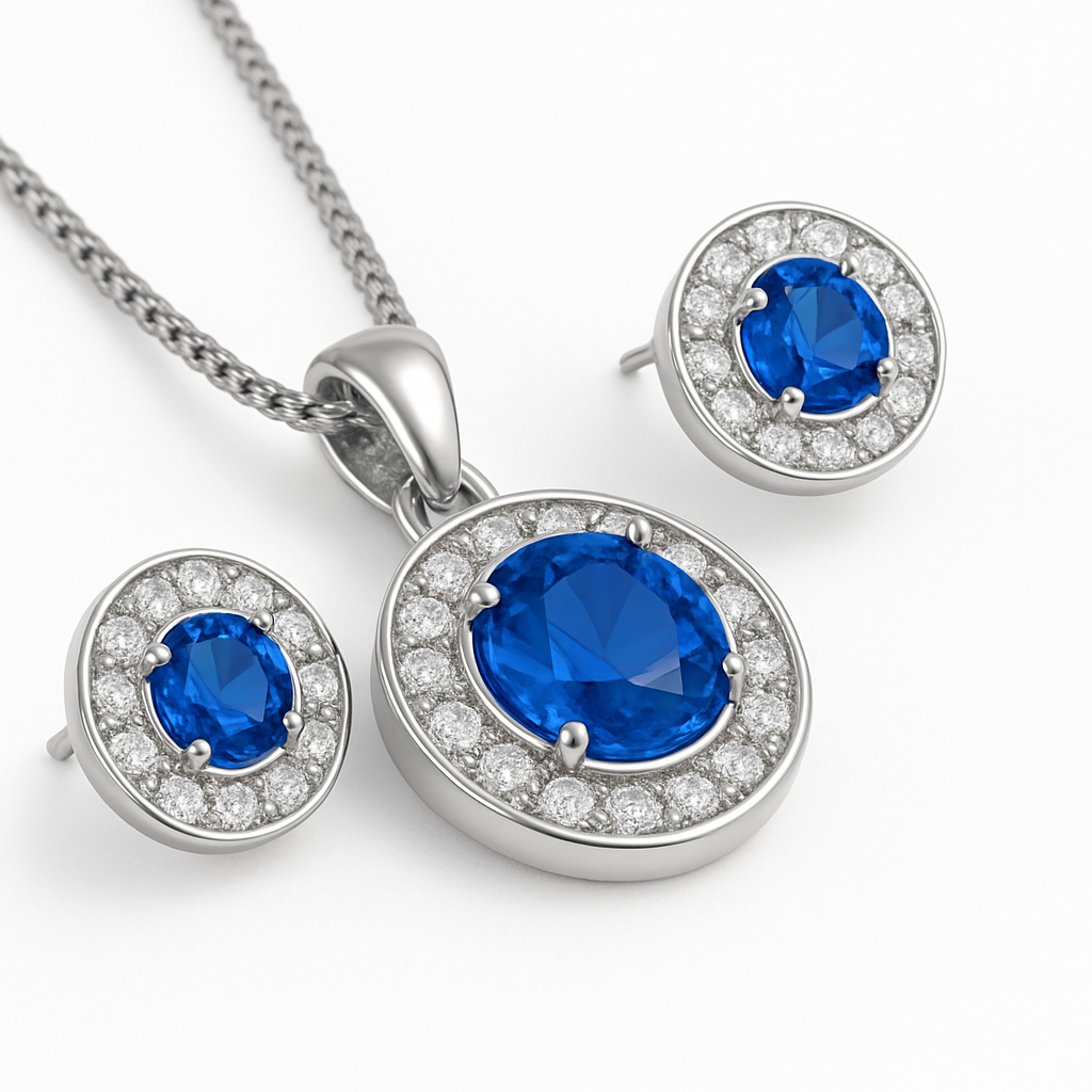 Silver jewelry set with blue gemstones and diamond accents on a white background.