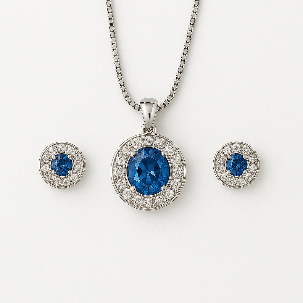 Silver jewelry set with blue gemstones on a white background