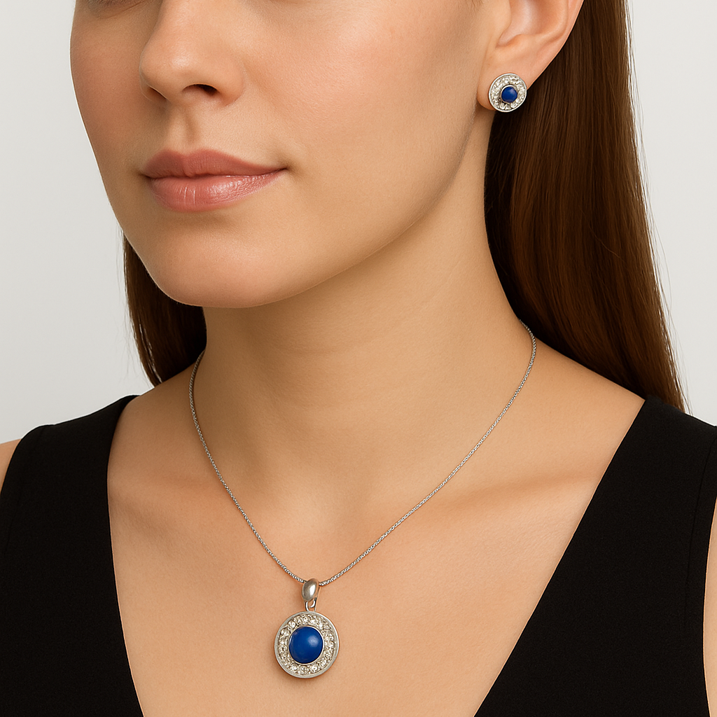 Woman wearing a blue pendant necklace and matching earrings on a plain background.