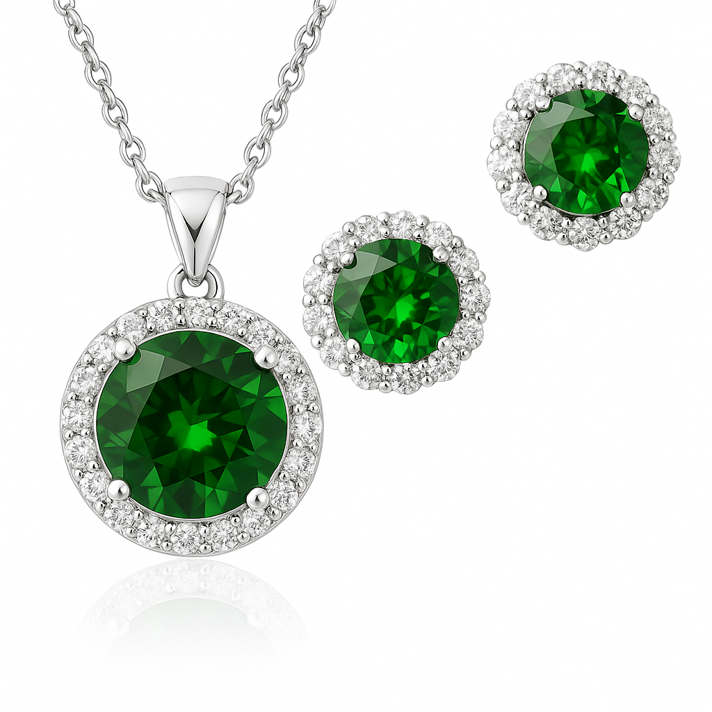 A set of emerald green halo pendant and stud earrings with sparkling accents, crafted in sterling silver.