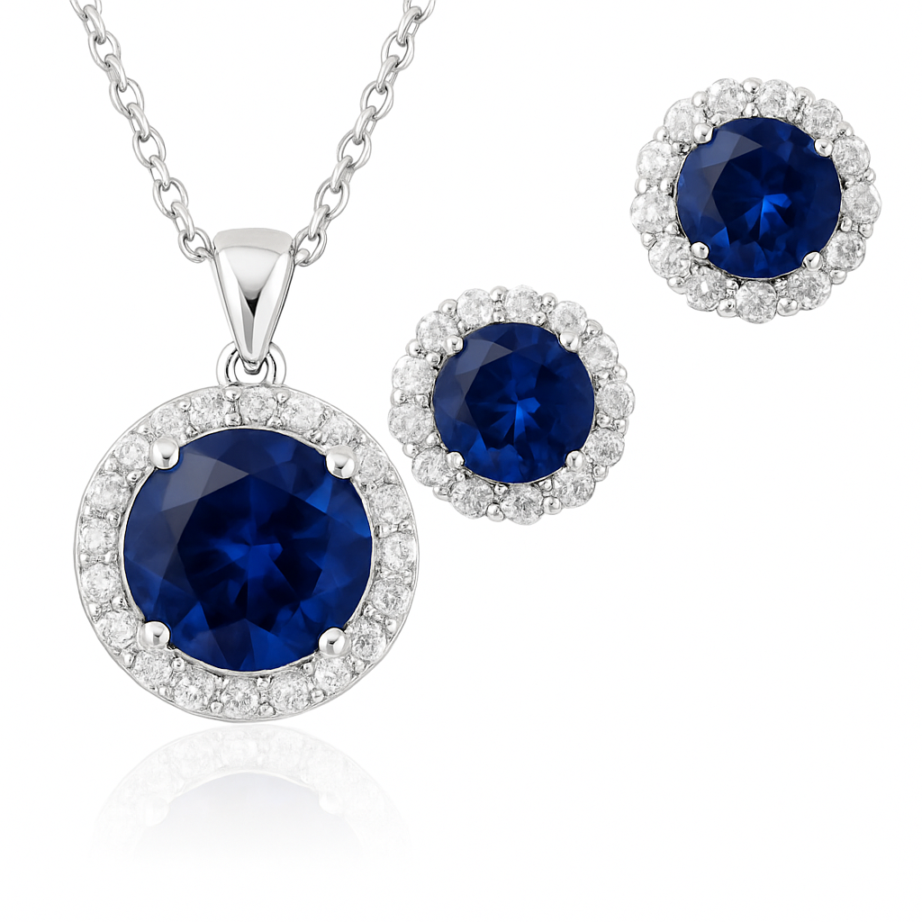 A set of sterling silver jewelry including a pendant necklace and a pair of stud earrings with blue sapphire-inspired center stones and halo of sparkling cubic zirconia.