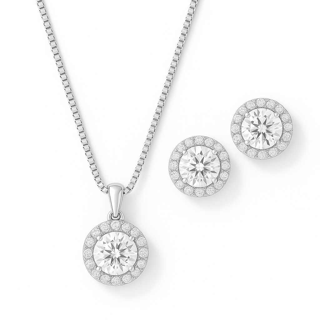 Silver jewelry set with round pendants on a white background