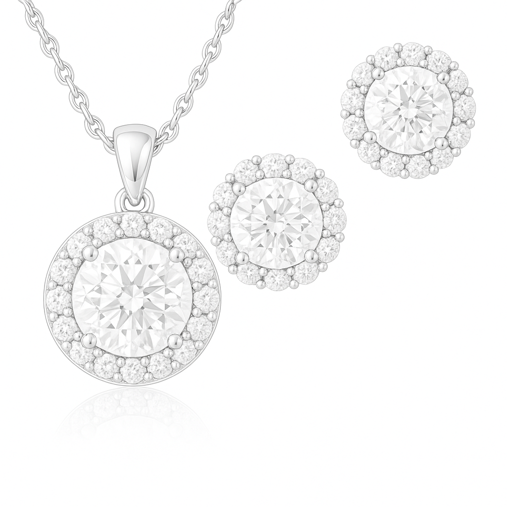 A set of sterling silver jewelry including a pendant necklace and a pair of stud earrings, both featuring a central round-cut cubic zirconia stone surrounded by smaller halo stones.