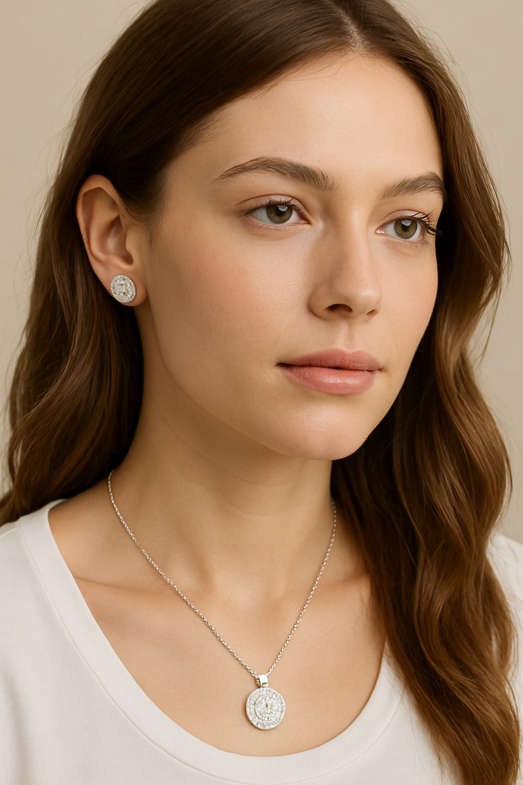 Woman wearing a necklace and earrings with a neutral background