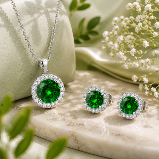 Emerald Green Halo Pendant & Stud Earring Set