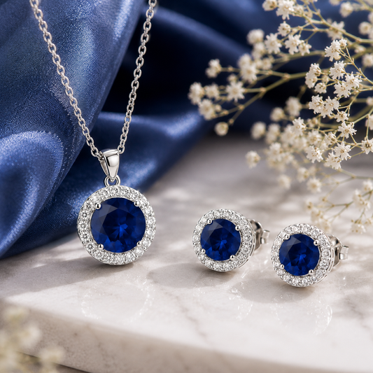 Elegant Blue Sapphire Halo Pendant & Stud Earring Set