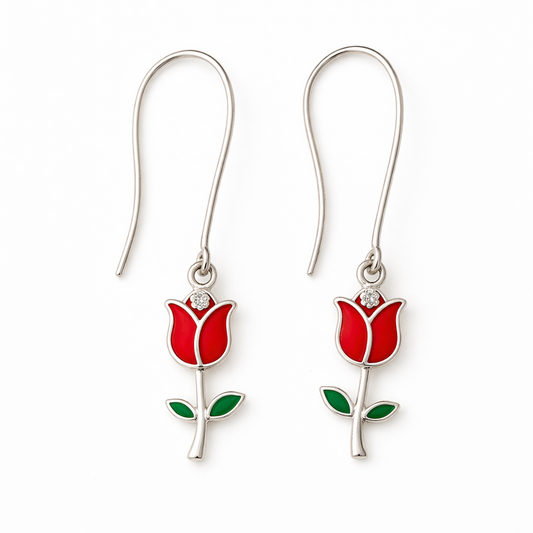 Red rose-shaped earrings on a white background