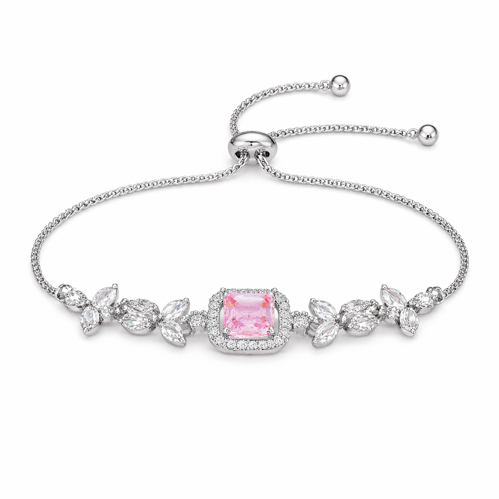 Pink Crystal Bracelet for Women | Elegant Adjustable Silver Bracelet