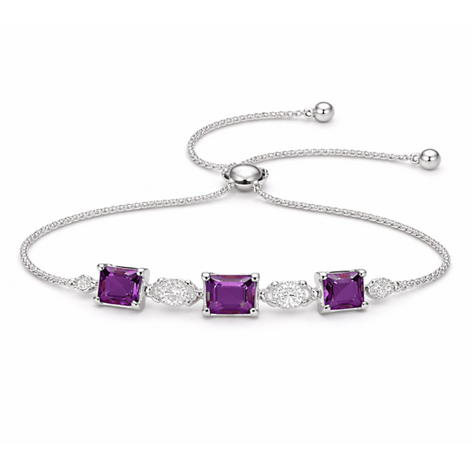 Silver bracelet with purple gemstones on a white background