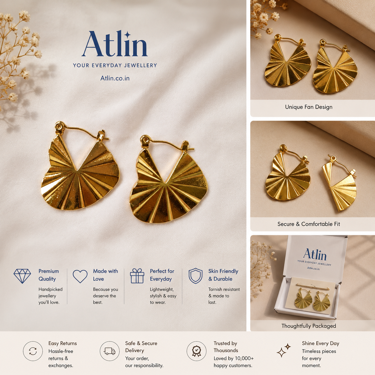 Gold Plated Fan Shape Hoop Earrings