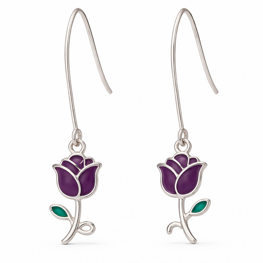 Purple tulip-shaped earrings on white background