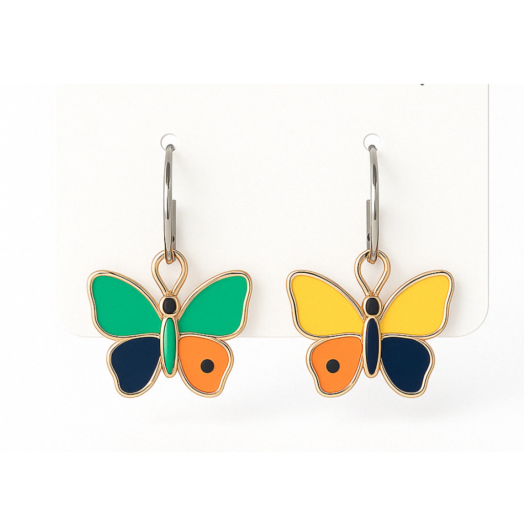 A pair of colorful enamel butterfly drop earrings with blue, red, yellow, and green wings on a white background.