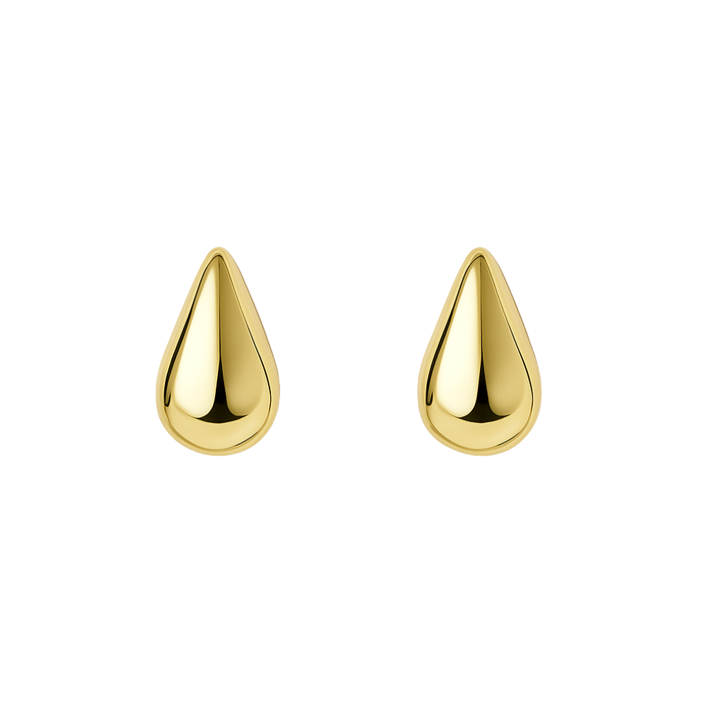 A pair of gold teardrop stud earrings with a polished finish.