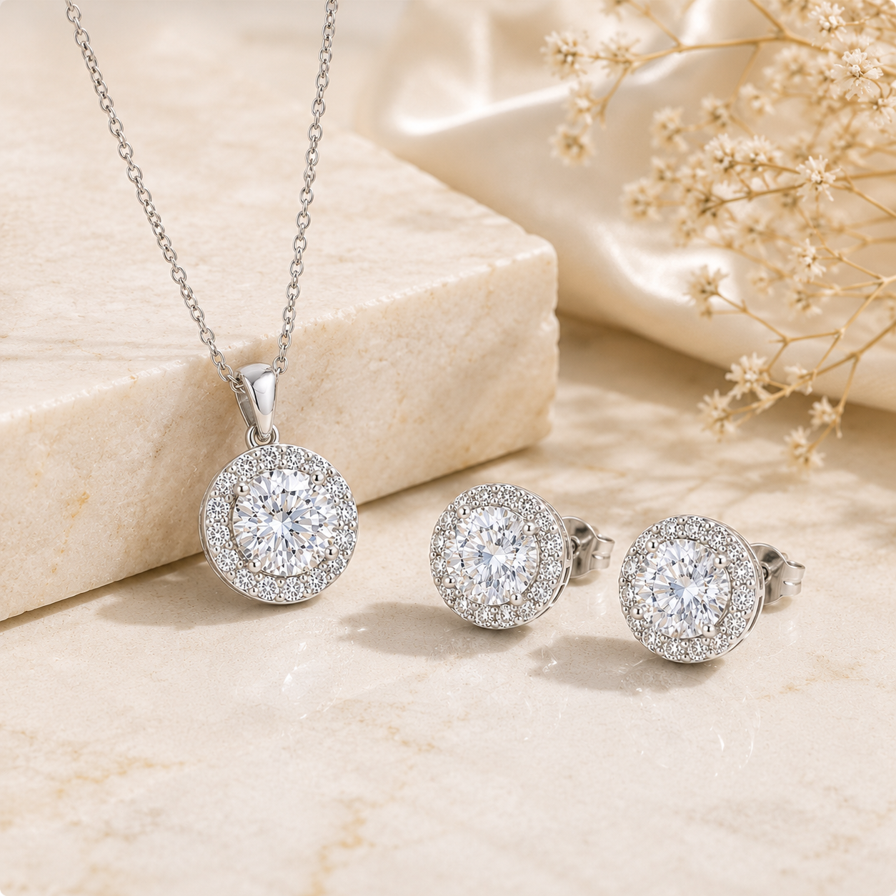 Sterling Silver Halo Pendant & Stud Earrings Set