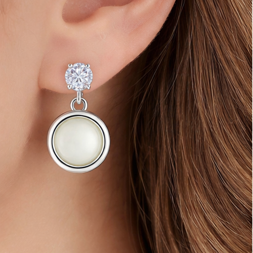 Sterling Silver Drop Earrings with CZ Stud & Pearl Disc – Everyday Wear