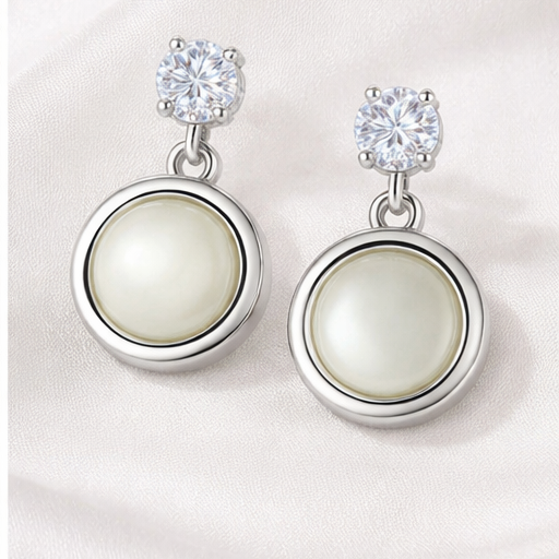 Sterling Silver Drop Earrings with CZ Stud & Pearl Disc – Everyday Wear
