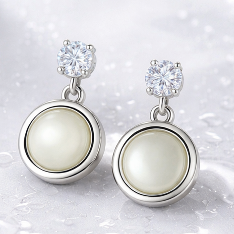 Sterling Silver Drop Earrings with CZ Stud & Pearl Disc – Everyday Wear