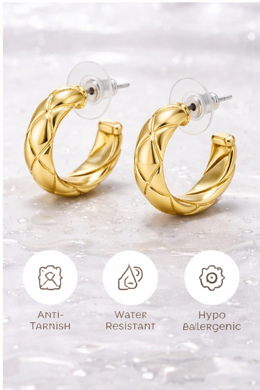 Gold hoop earrings on a light gray background with icons indicating anti-tarnish, water-resistant, and hypoallergenic properties.